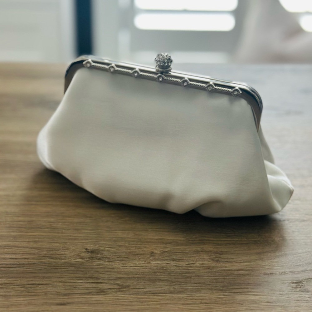 Savanna  white satin  Clutch with Silver and small rhinestone trim